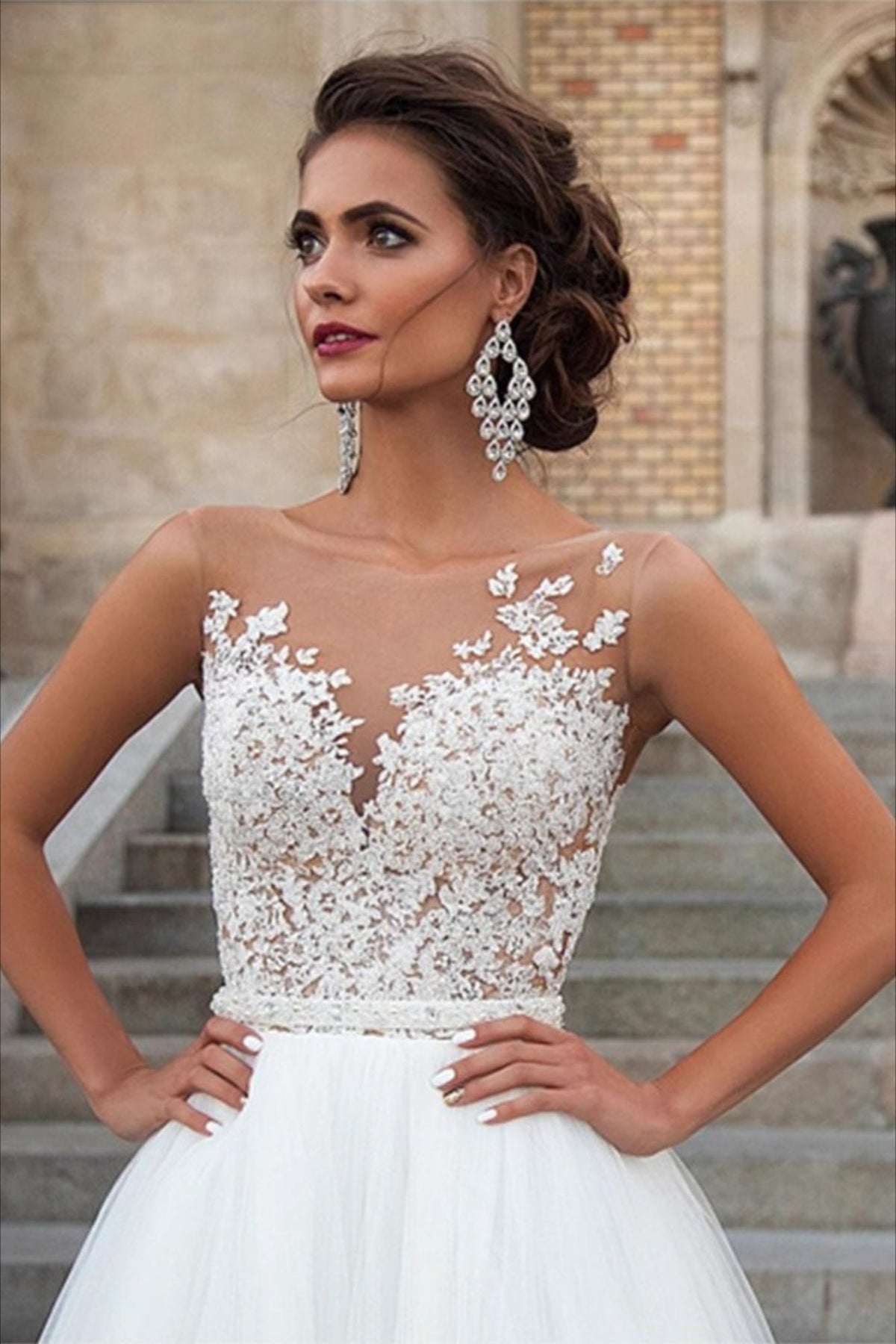 Lace Illusion Neck Tulle A-Line Wedding Gown 2