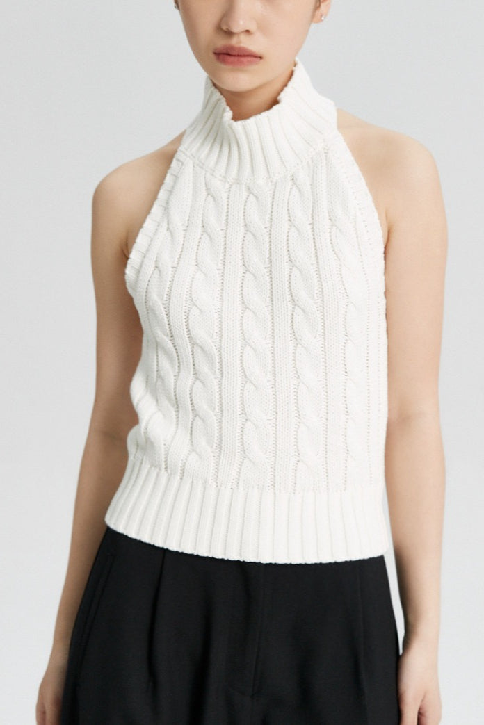 Backless Halter Cable Knit Top