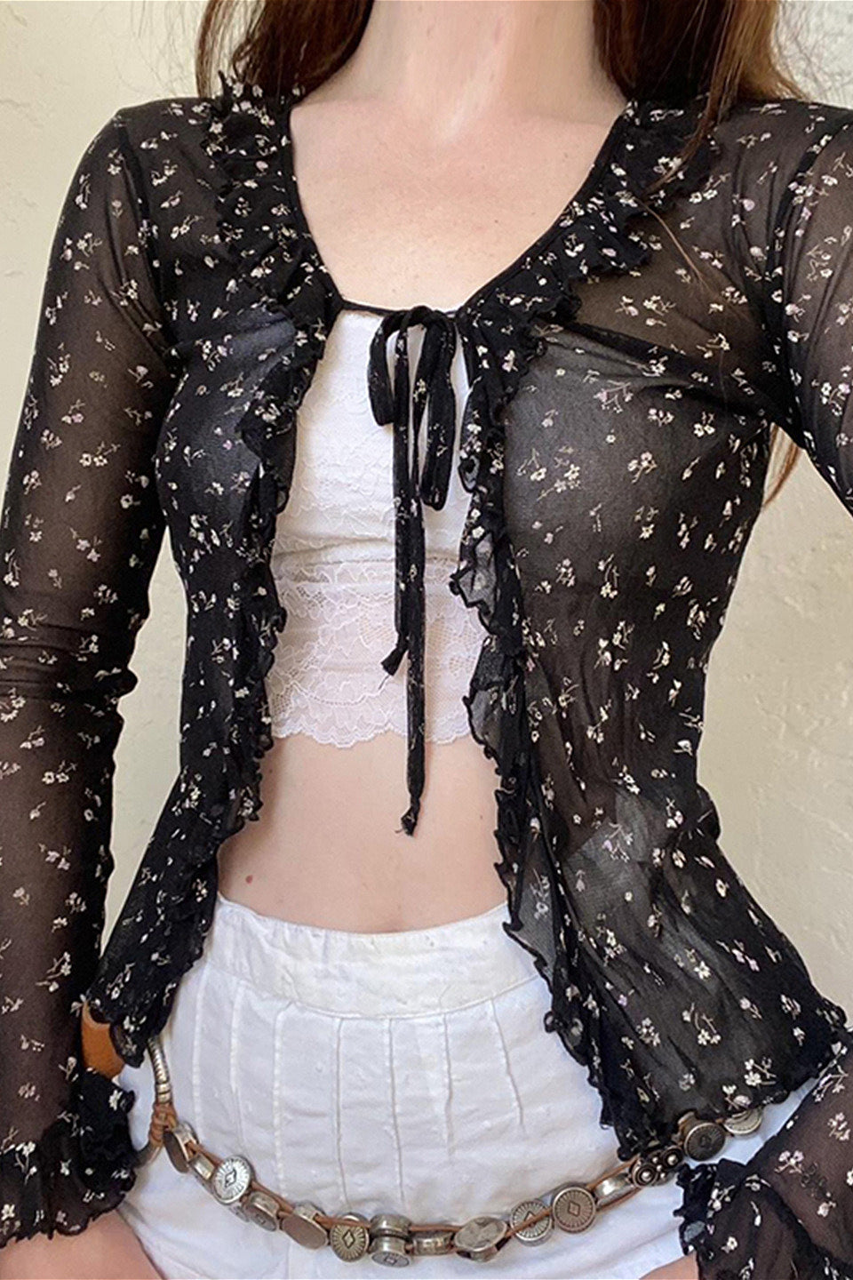 French Vintage Floral Bow Tie Tulle Cardigan Blouse