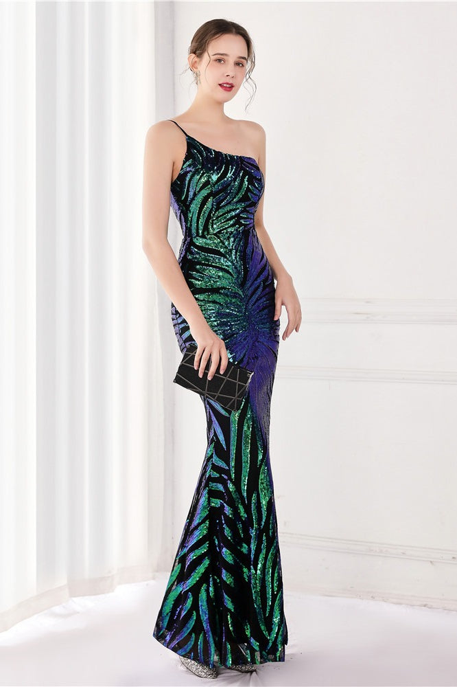 Sequin One Shoulder Mermaid Evening Gown - View 11