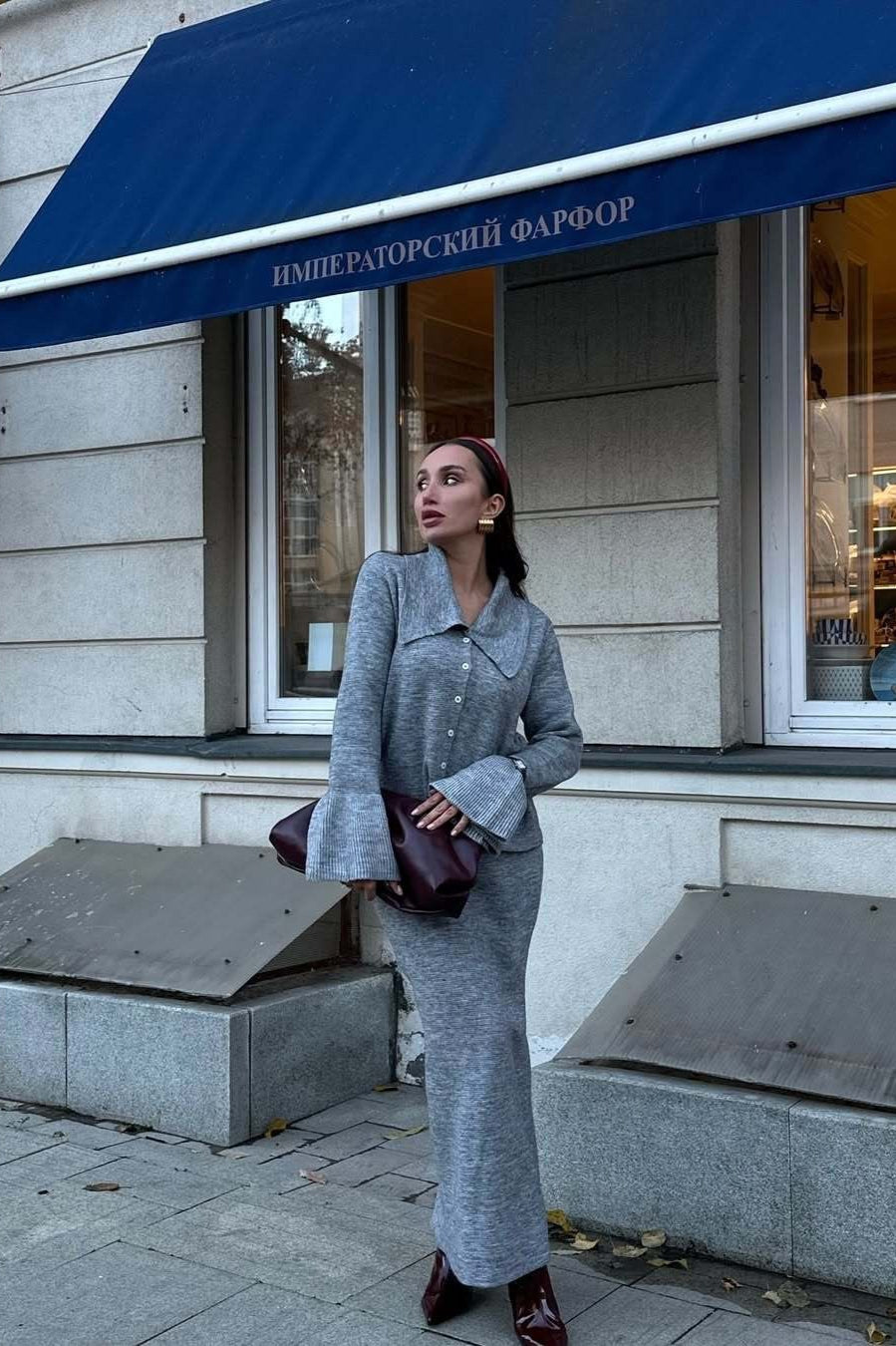 Elegant Pink Bell-Sleeve Cardigan and Straight Skirt Set