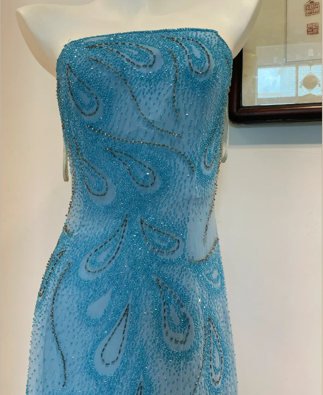 Gorgeous Blue A-line Strapless Beaded Chiffon Long Prom Dress Evening Dress P4274