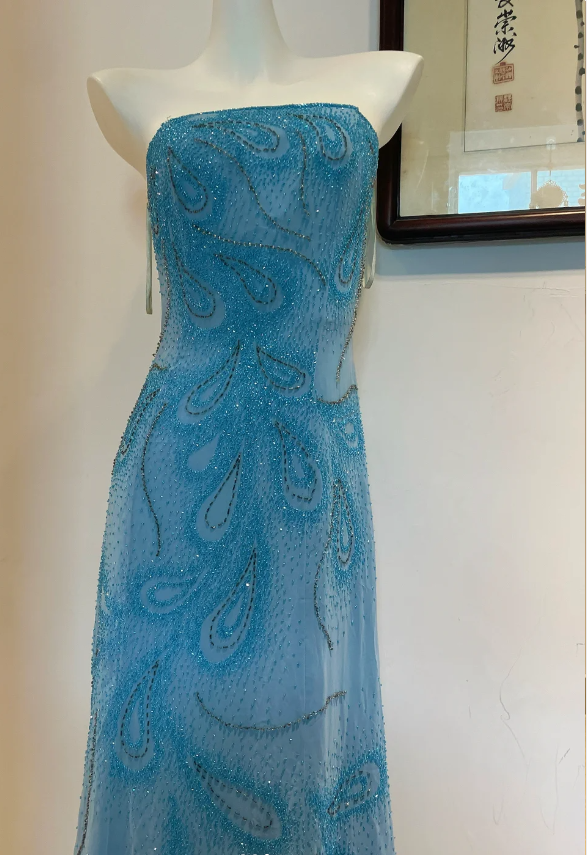 Gorgeous Blue A-line Strapless Beaded Chiffon Long Prom Dress Evening Dress P4274