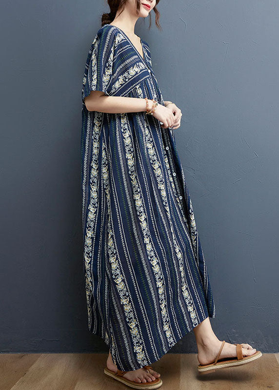 Vertical Border Print V-Neck Button Front Short Sleeve Maxi Dress - View 4