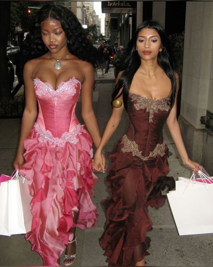 Vintage Hot Pink Lace Chiffon Ruffles Evening Dress Strapless Prom Dress - Fashionpara