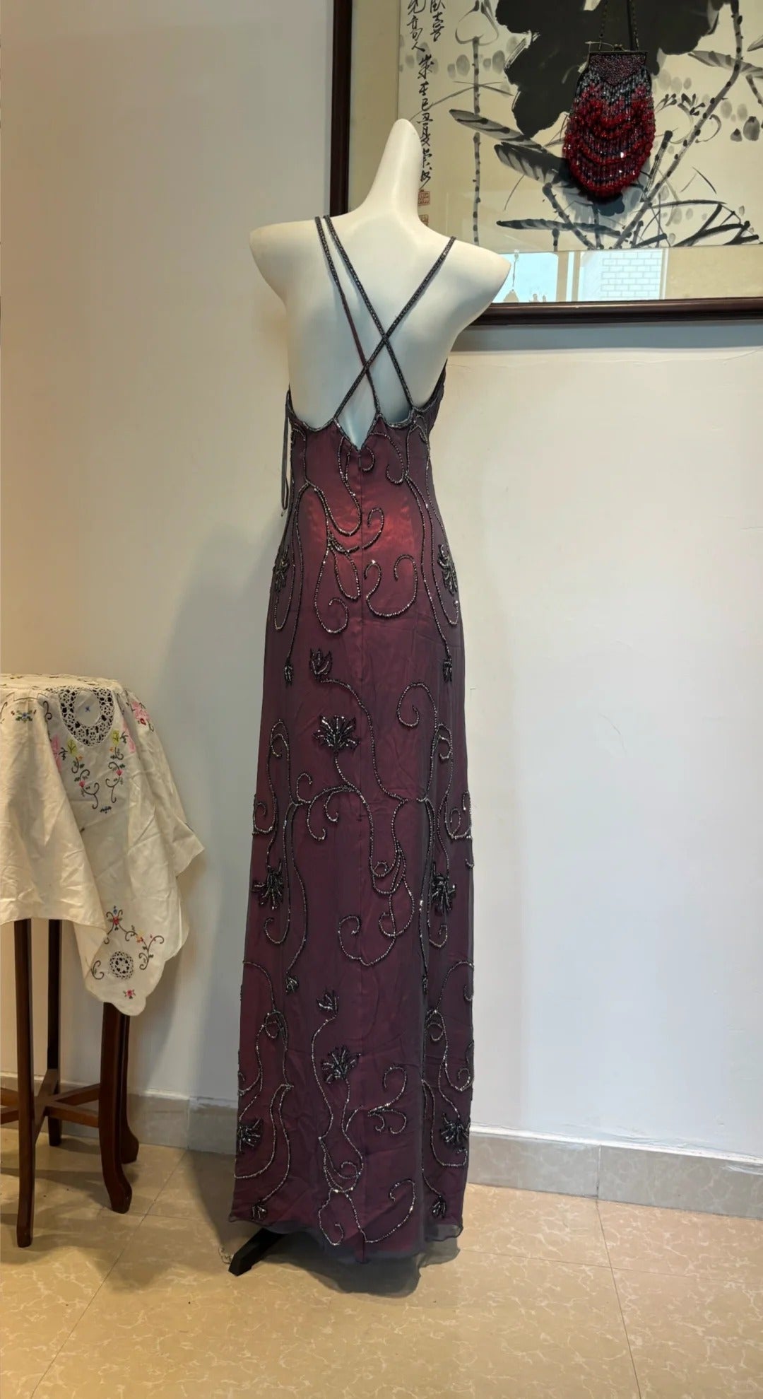 Elegant Vintage Burgundy Beaded Floral Crossover Backless Satin Long Prom Dress Evening Dress P4277