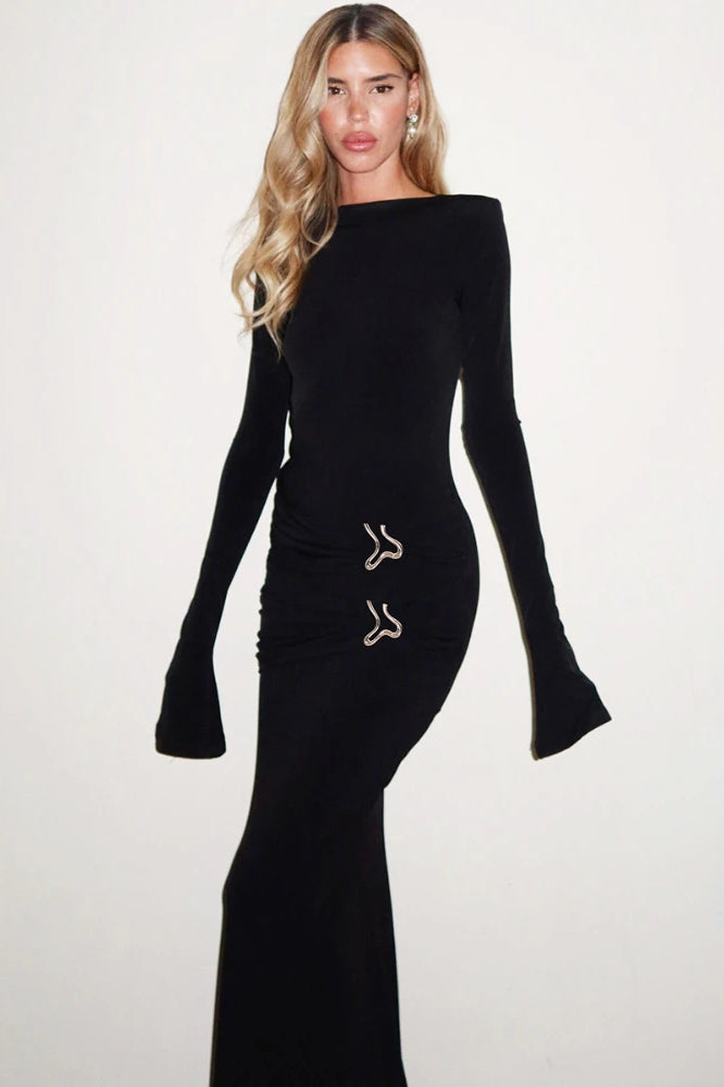 Vintage Flared Full Sleeve Pleated Maxi Dress