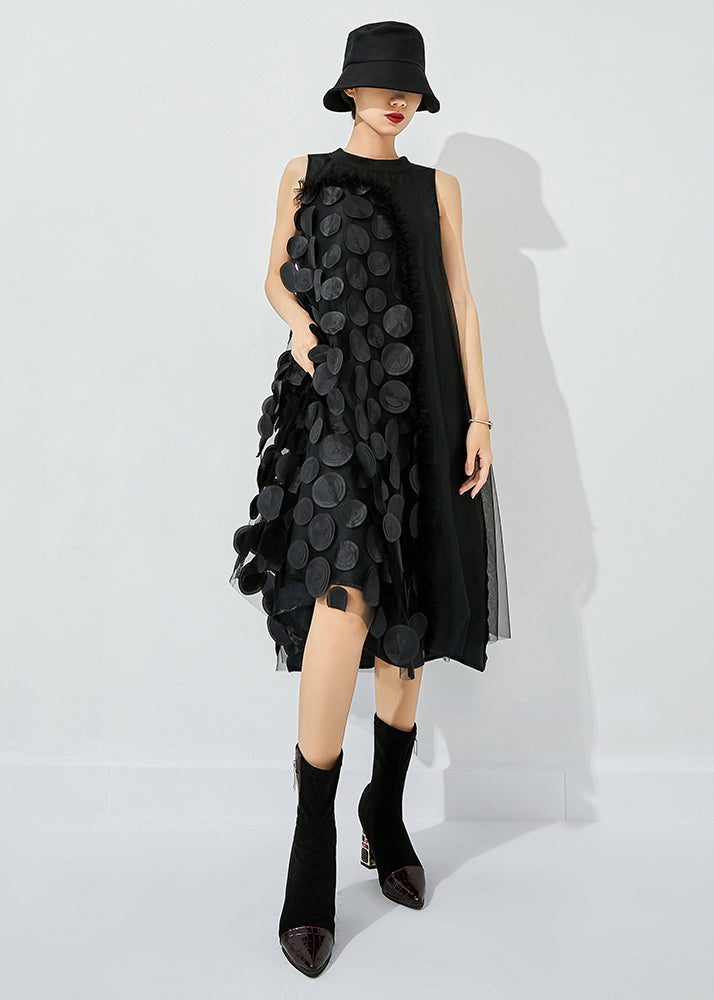 3D Circle Appliqué Asymmetric Drape High Neck Mesh Midi Dress - View 8