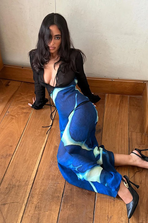 Abstract Print V-Neck Long Sleeve Mesh Maxi Dress