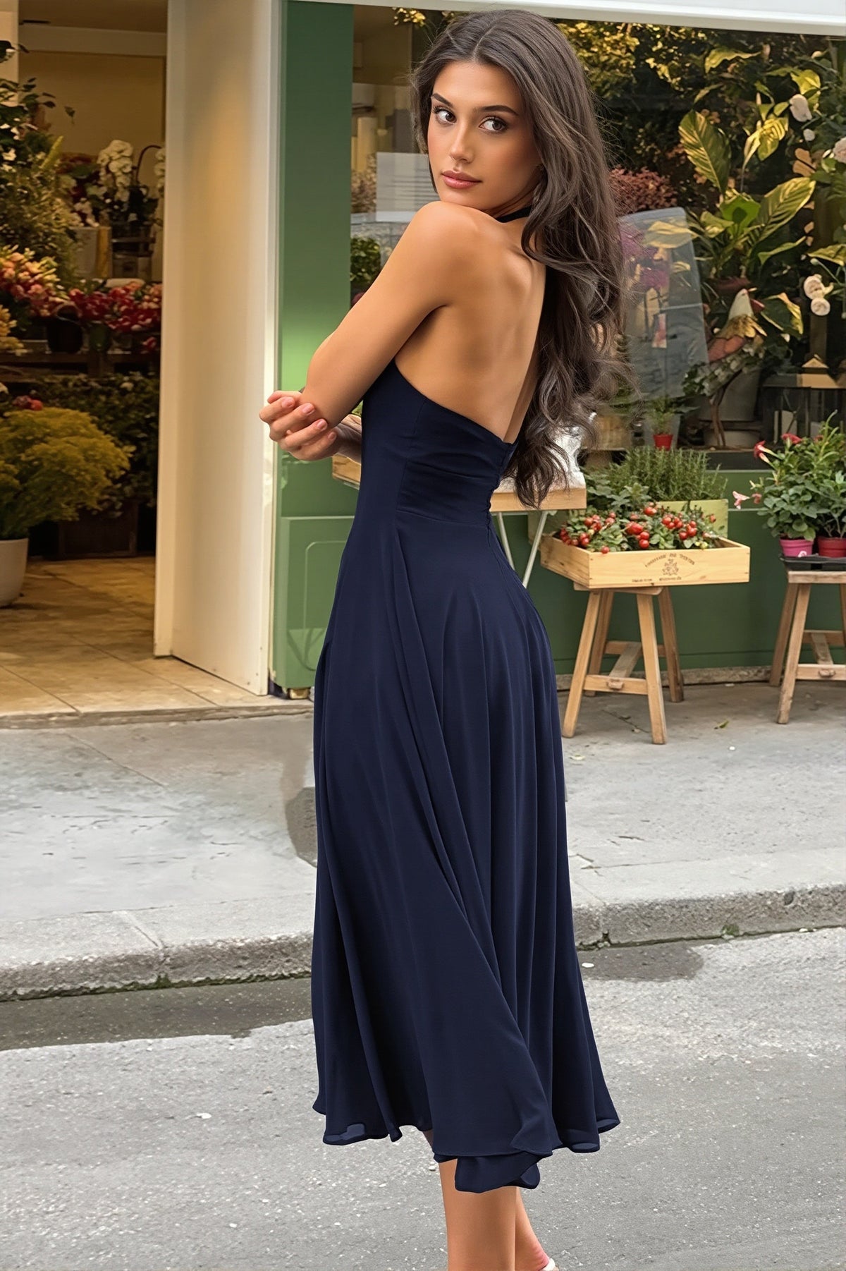 Chiffon Deep V-Neck High Low A-Line Dress 3