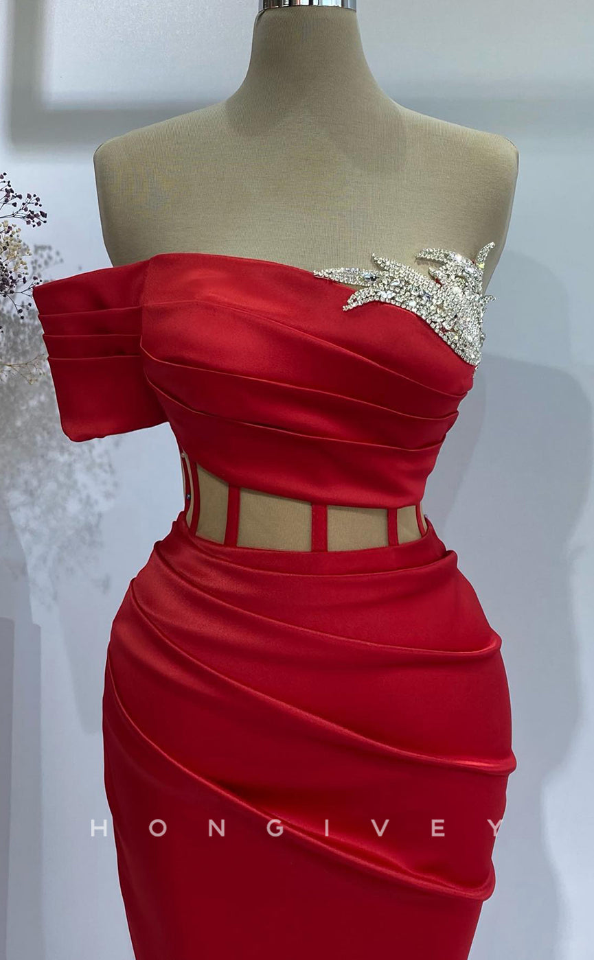 L2776 - One Shoulder Fitted Illusion Beaded With Side Slit Party Prom Evening Dress - Fashionpara