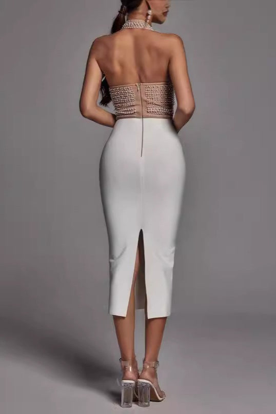 Pearl Beaded Halter Neck Faux Two-Piece Bodycon Midi Cocktail Dress - View 3