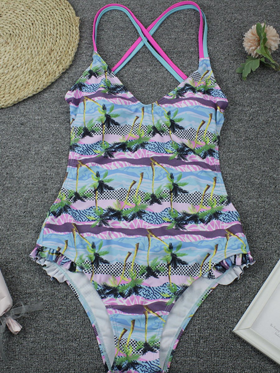One Piece Swimsuit With Lace Printing Ribbon - Fashionpara