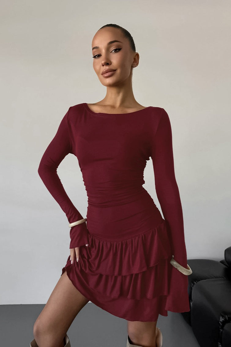 Boat Neck Long Sleeve Ruched Tiered Ruffle Mini Dress