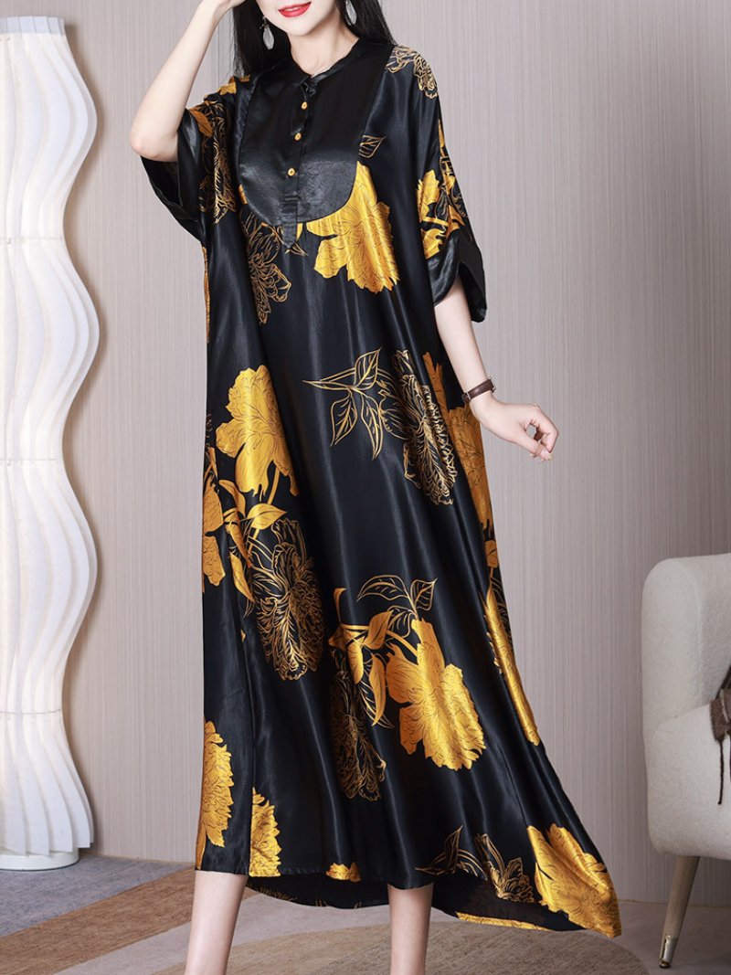 Floral Print Stand Collar Half-Button A-Line Maxi Dress 2