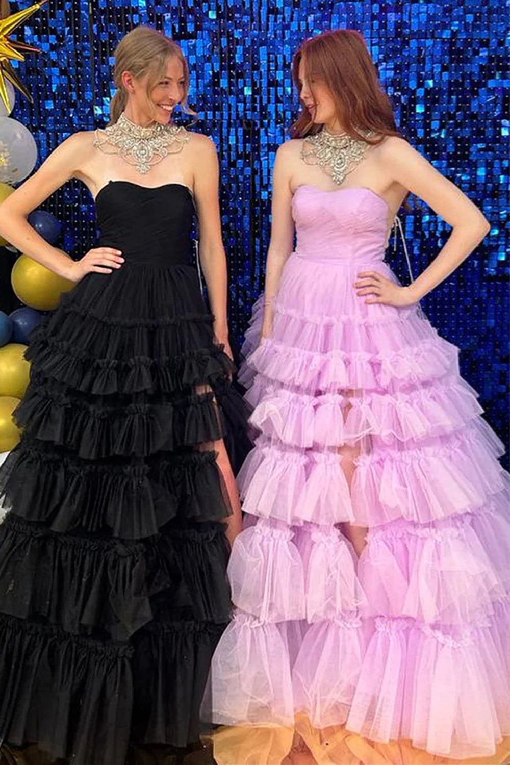 Stylish A Line Strapless Pink/Black Long Prom Dress with Ruffles