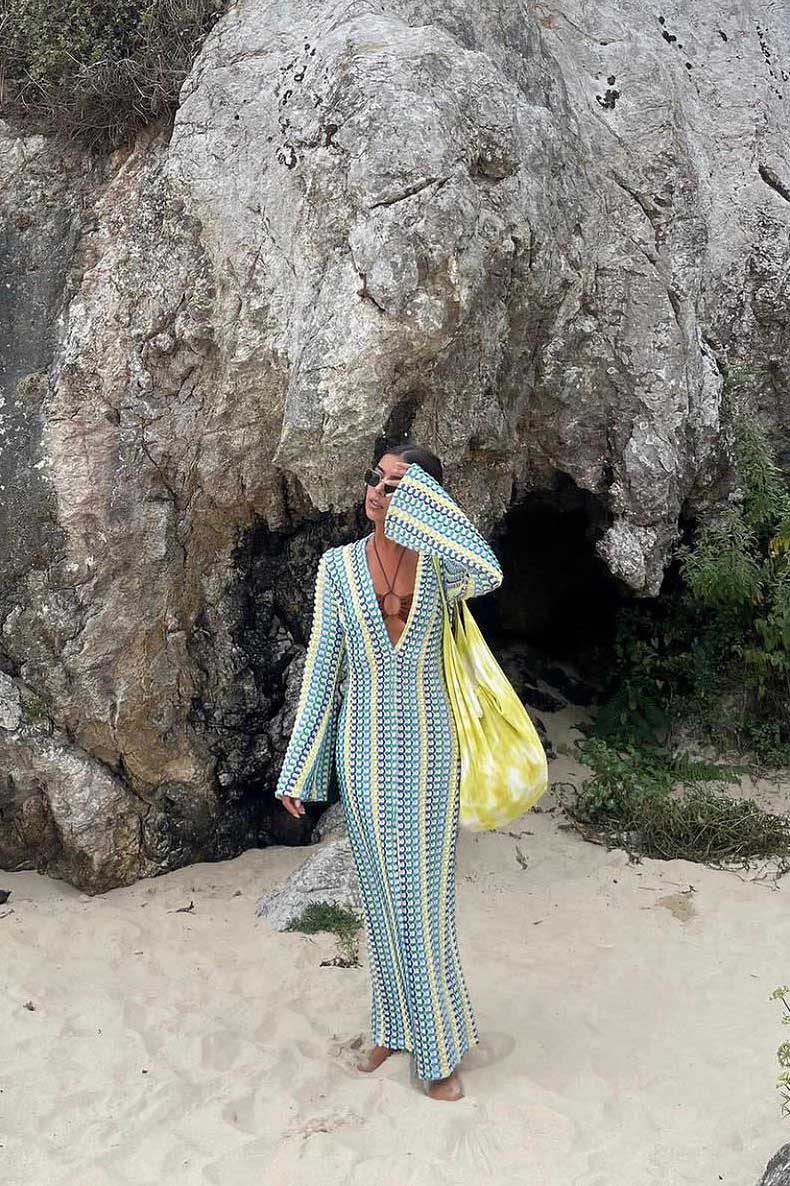 Crochet Deep V-Neck Long Sleeve Striped Boho Maxi Dress - View 2