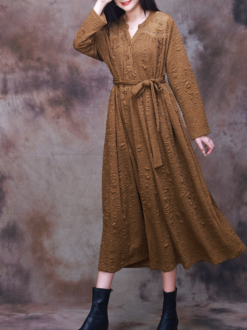 Vintage-Inspired Classic Belt Side Pockets A-Line Dress - Fashionpara