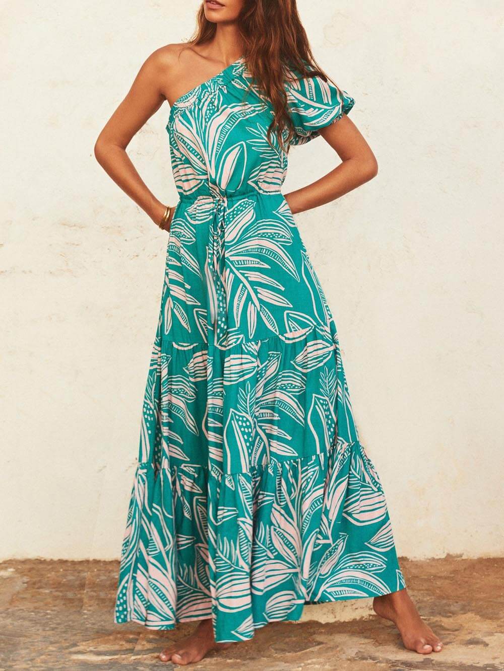 Palm Leaf Print Off-Shoulder Holiday Style Floral Dress - Fashionpara