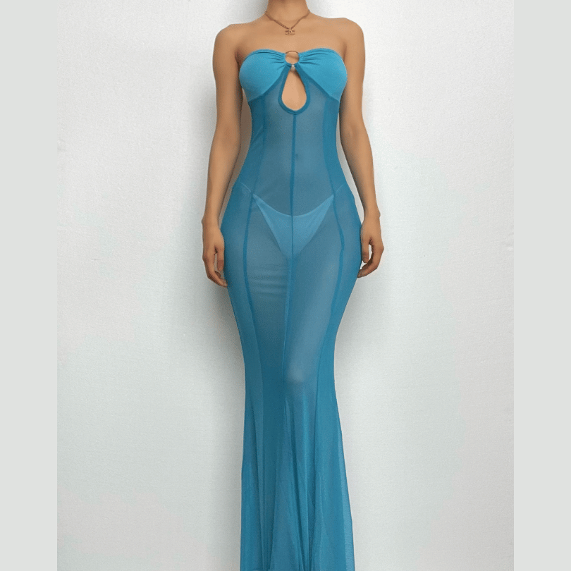 Mesh see through o ring hollow out backless tube maxi dress - View 13