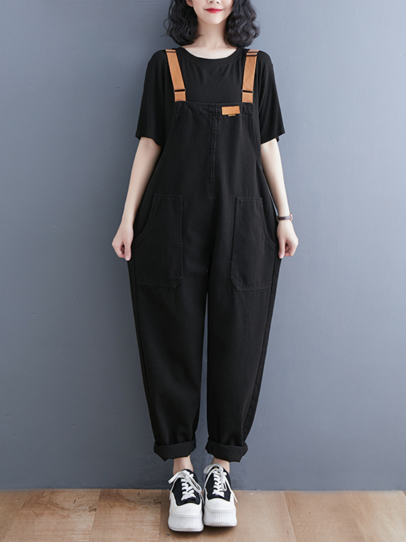 Denim Loose Shoulder Strap Large Size Black Overalls - Fashionpara