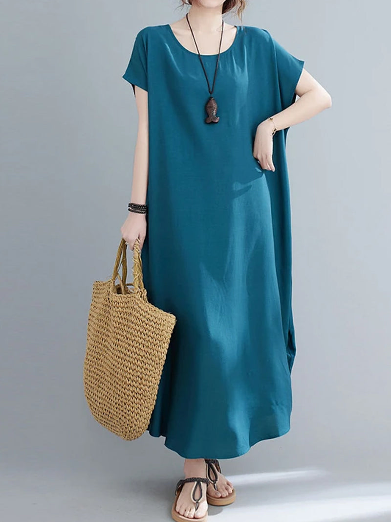 Cotton Round Neck Short Sleeve Cocoon Midi Dress 12