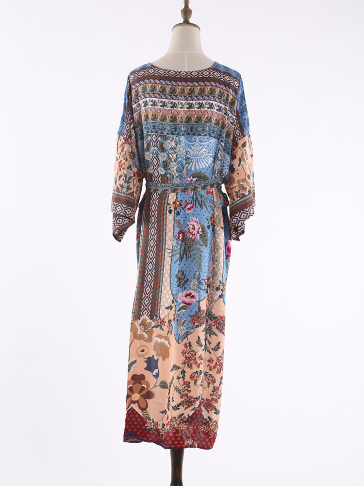 Printed Multicolor Cotton Long Length Gown Kimono Duster Robe - Fashionpara