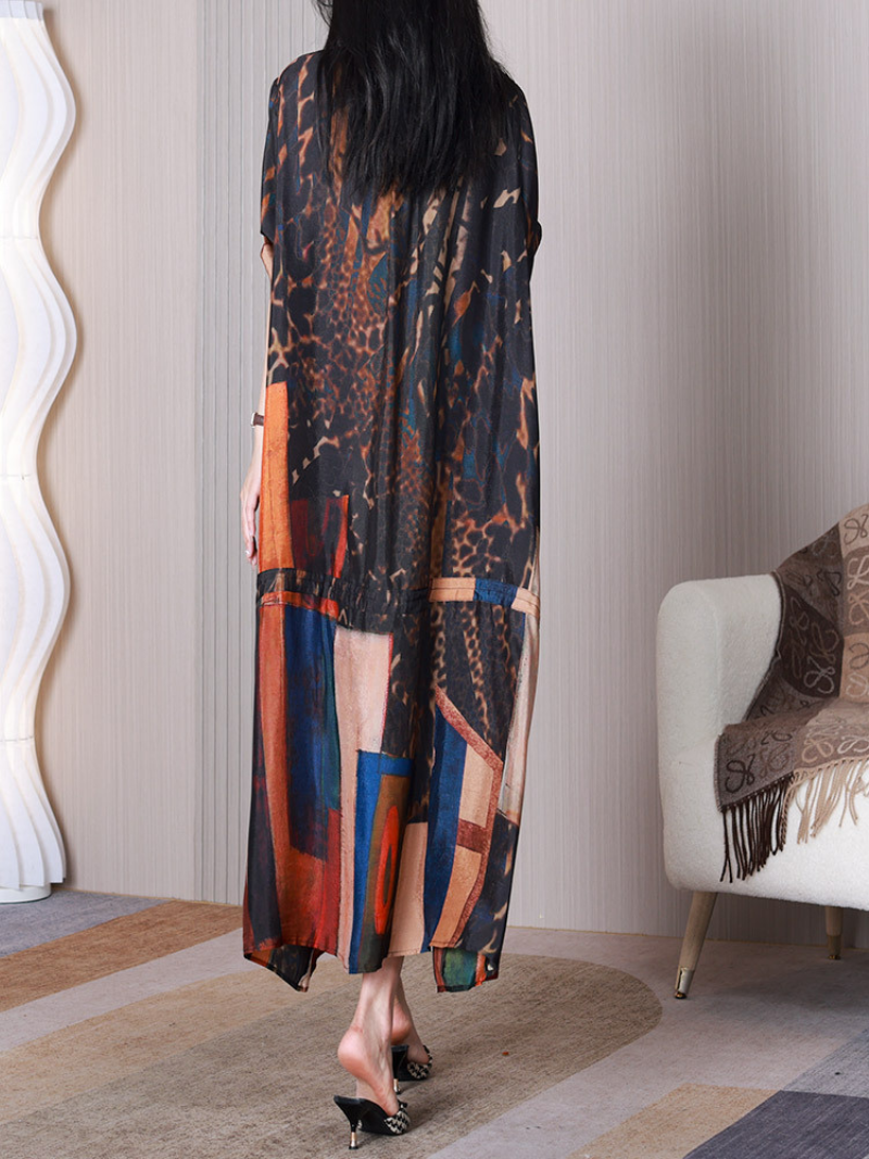 Abstract Print Round Neck Button-Front A-Line Maxi Dress 3