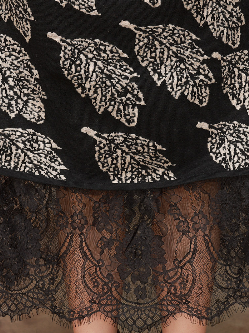 Leaf Print Mock Neck Long Sleeve Lace-Hem Knit Midi Dress 4