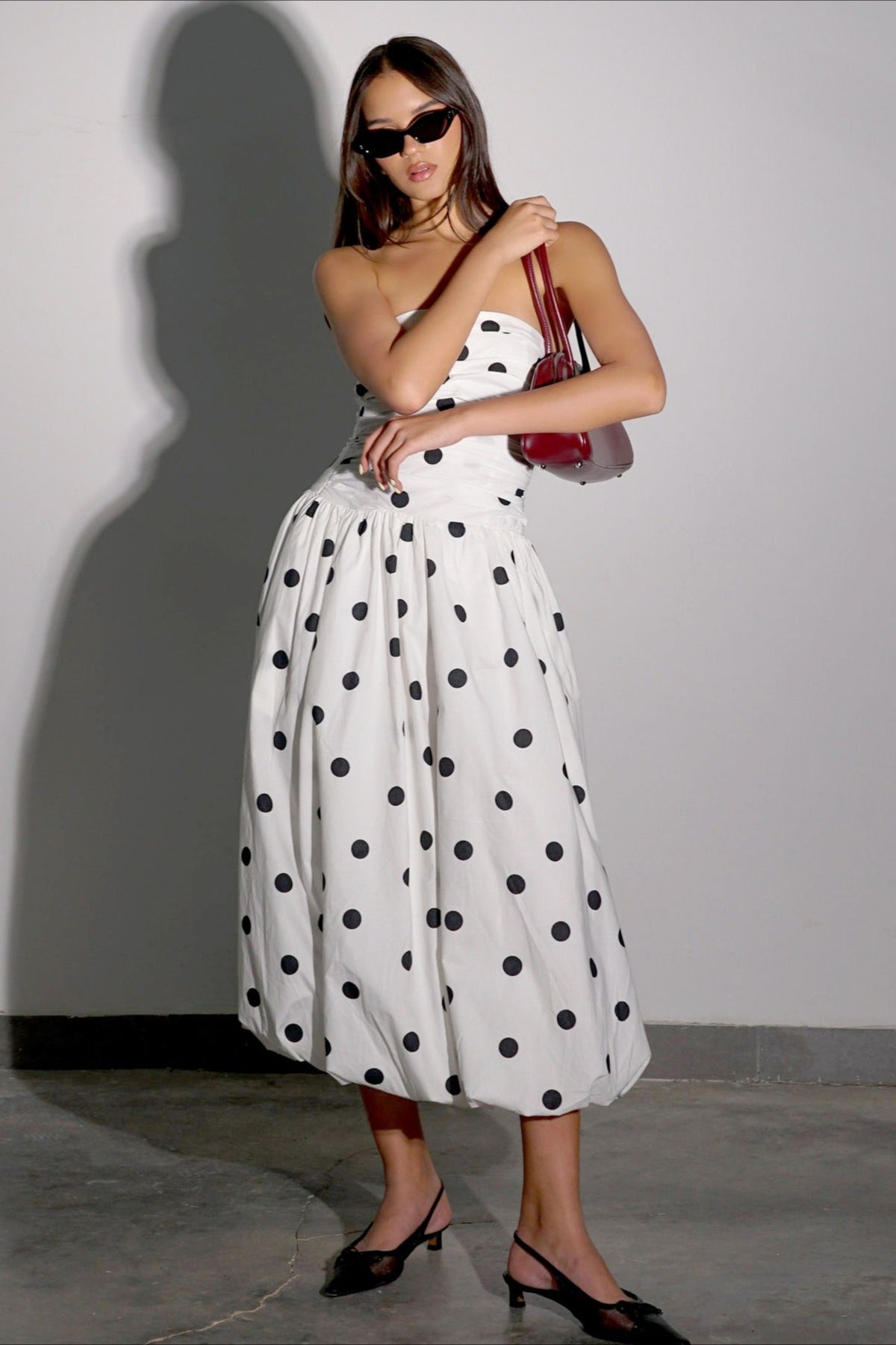 Polka Dot Strapless Ruched Bubble Hem Midi Dress