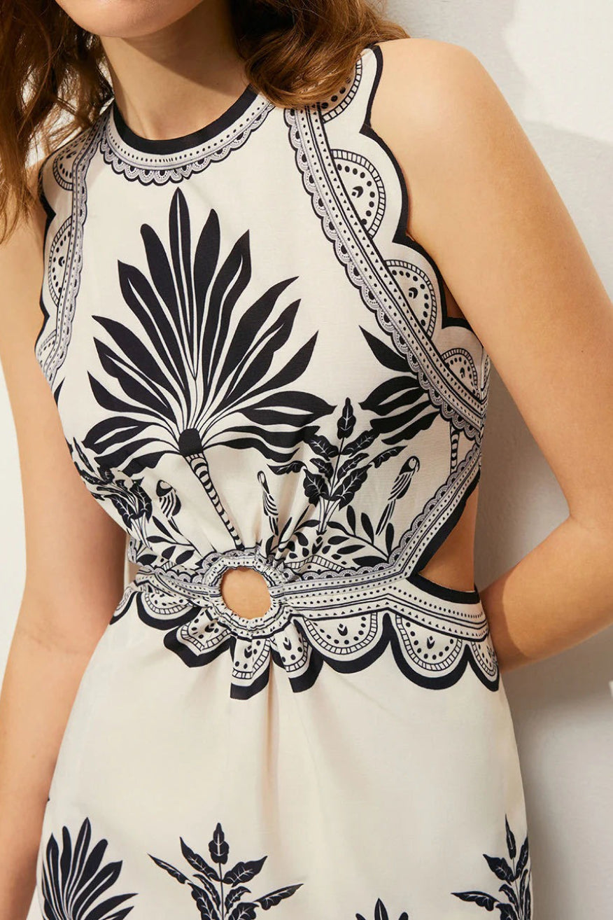 Palm Print Cut Out High Neck A-Line Midi Dress