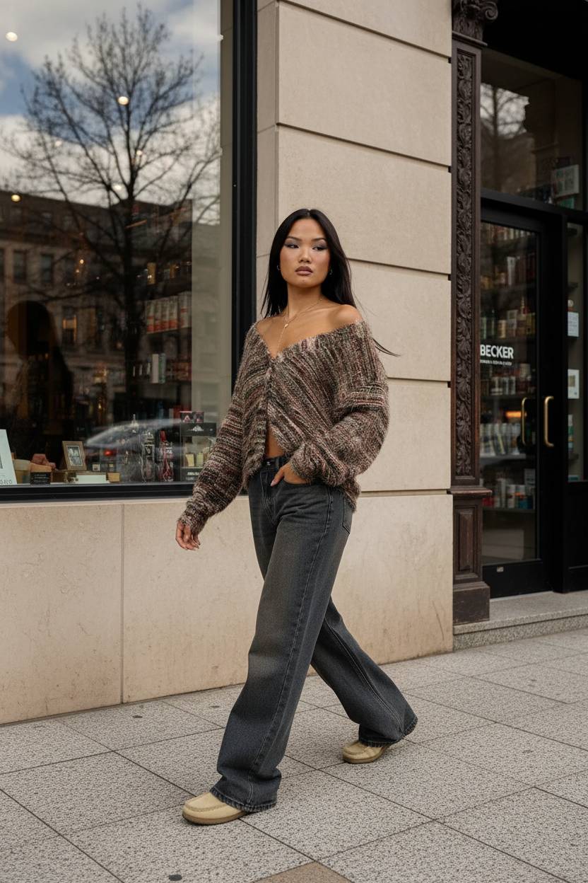 New Retro Fashion Deep V-Neck Maillard Plush Long-Sleeve Knit Cardigan - Fashionpara