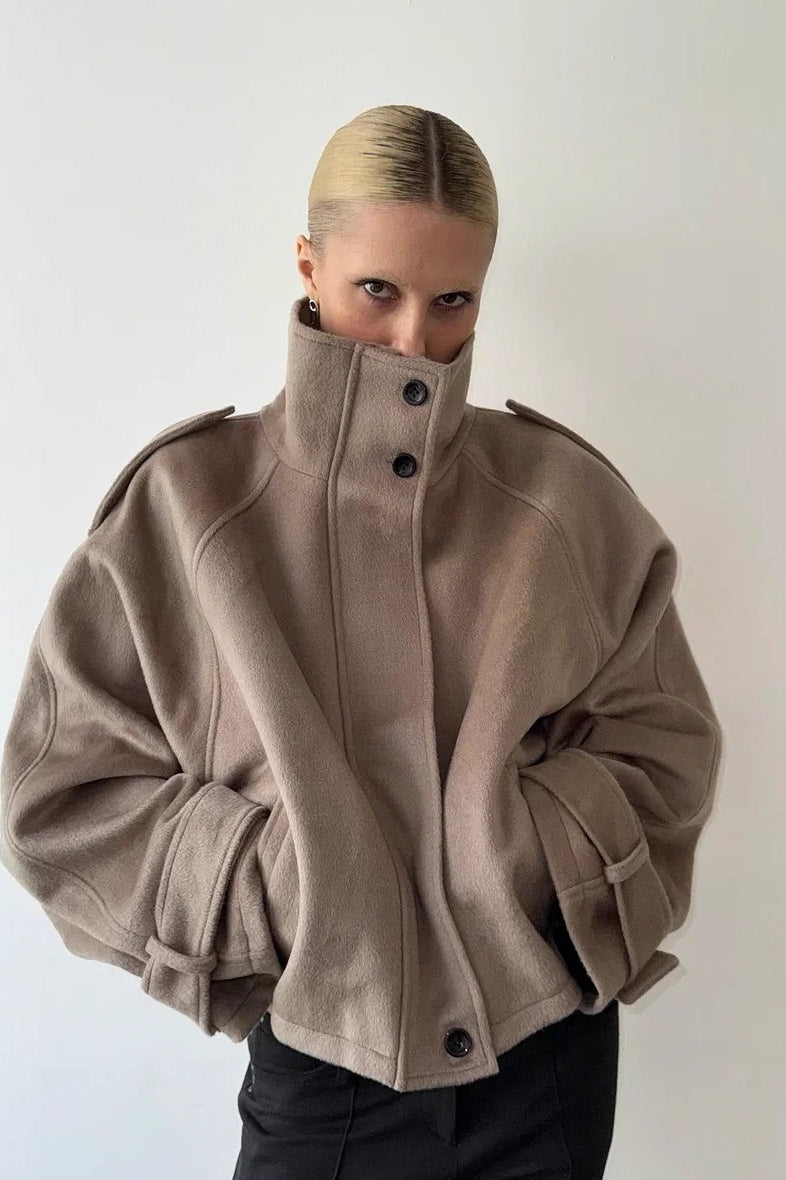 Stand Collar Button Wool Coat - Fashionpara