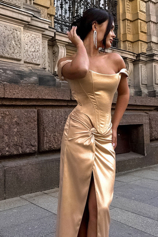 Satin Twist Front Split Party Dress - Fashionpara