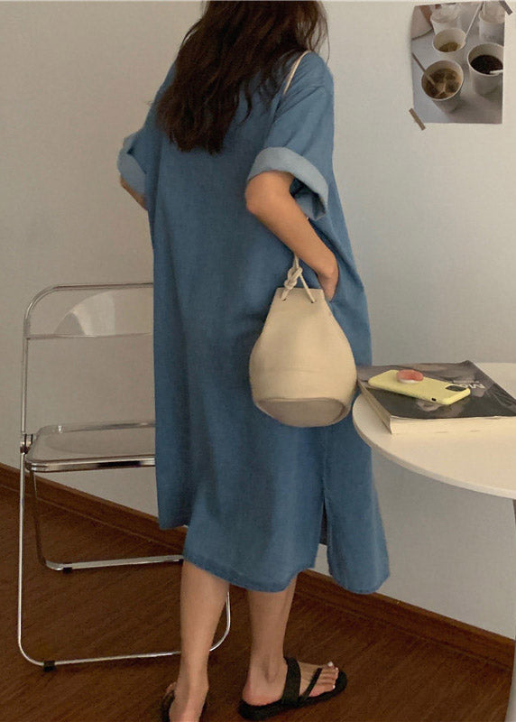 Denim Button Down Shirt Collar Short Sleeve Midi Shirt Dress - View 5