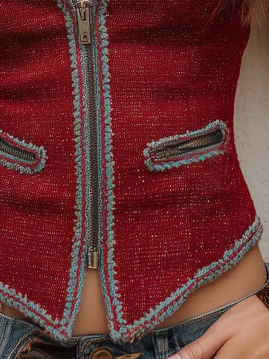 Bohemian Floral Contrast Trim Zip-up Vest - Fashionpara