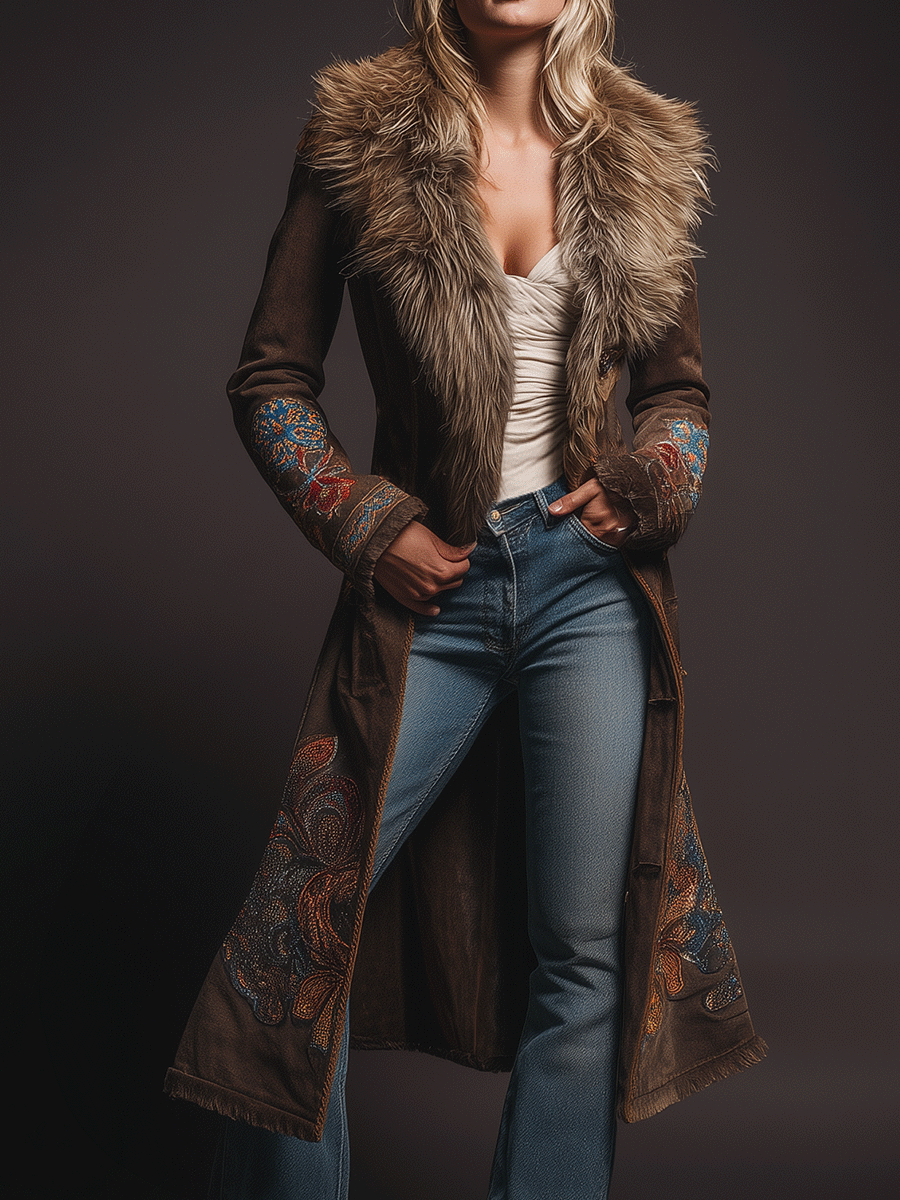 Retro Boho Brown EleganceEmbroidered Faux Fur Collar Long Coat - Fashionpara