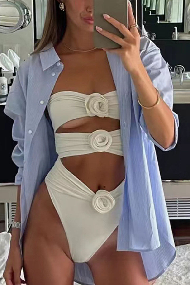 Three-dimensional floral one-piece solid color women's swimsuit - Fashionpara