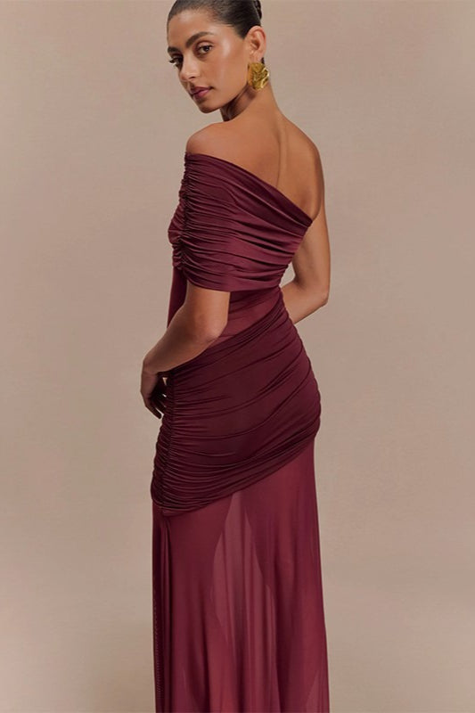 One Shoulder Ruched Mesh Panel Gown - View 6
