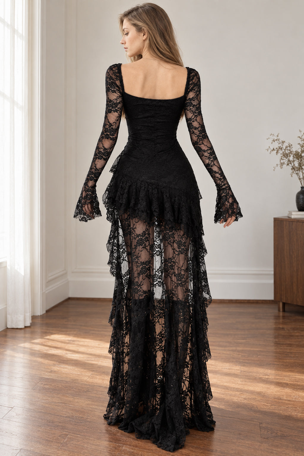 Lace Sweetheart Bell Sleeve High Low Dress