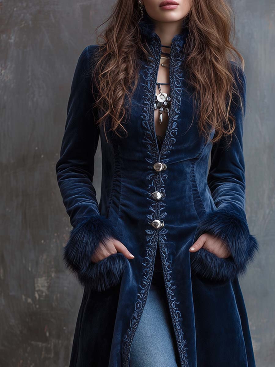 Vintage Embroidered Faux Fur Trim Polyester Velvet Coat