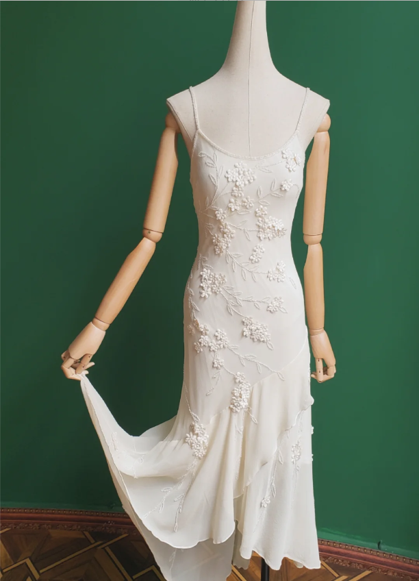 Elegant White Mermaid Spaghetti Strap U-neck 3D Foral Embroidery Chiffon Prom Dress Evening Dress P4280