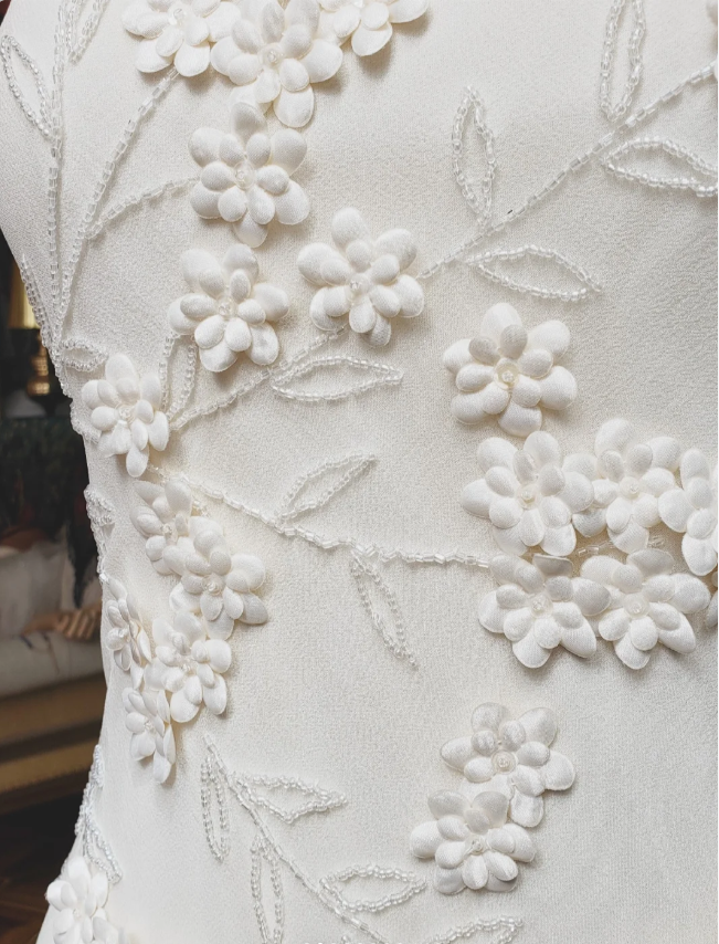 Elegant White Mermaid Spaghetti Strap U-neck 3D Foral Embroidery Chiffon Prom Dress Evening Dress P4280