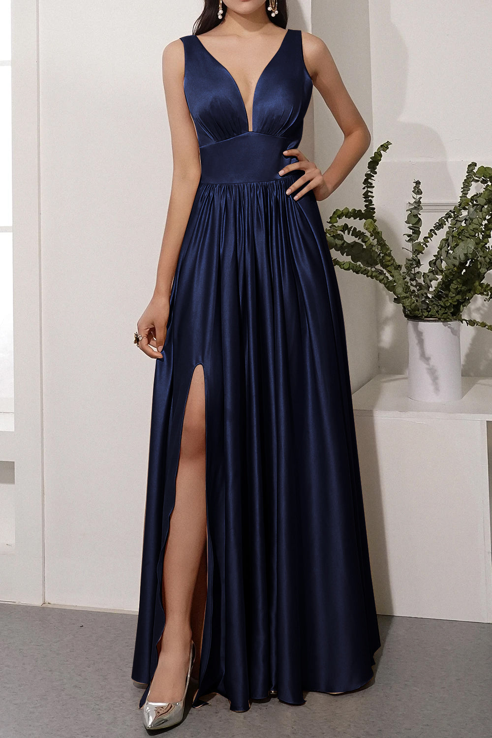 Satin Long Prom Party Dress With Slit - Fashionpara