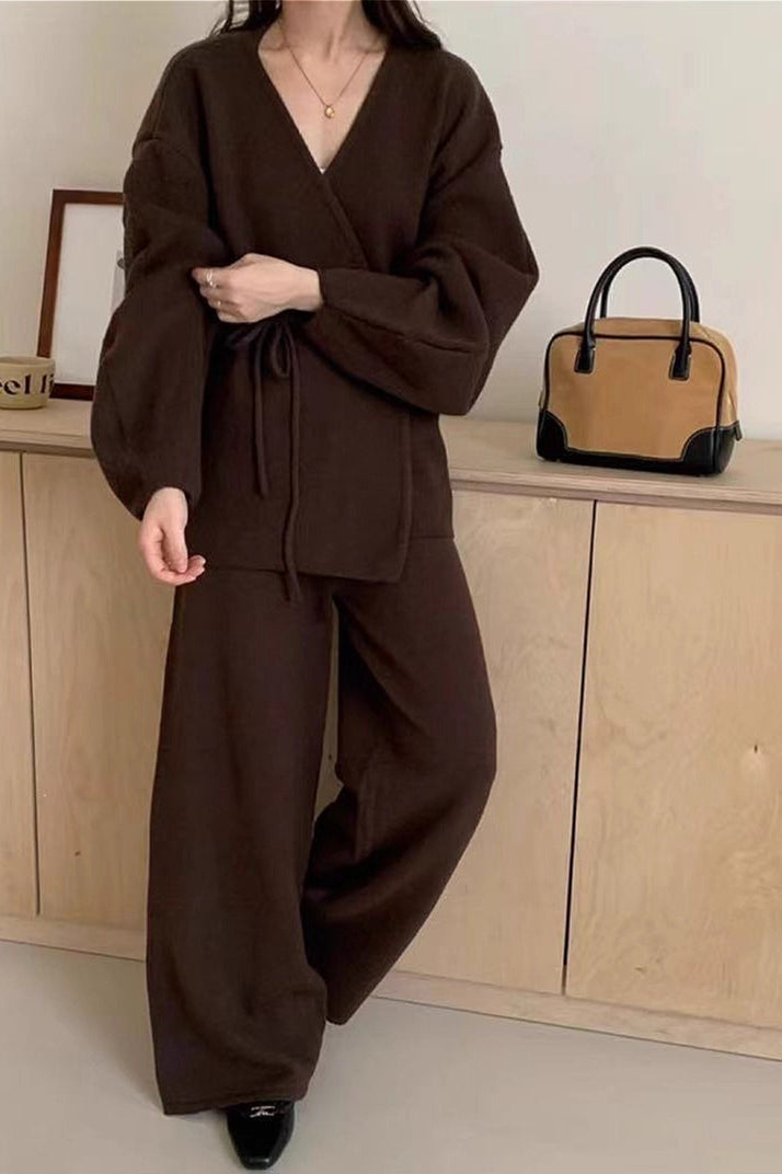 Chic PrincessAce Loose Belted Cardigan and Wide-Leg Pants Set
