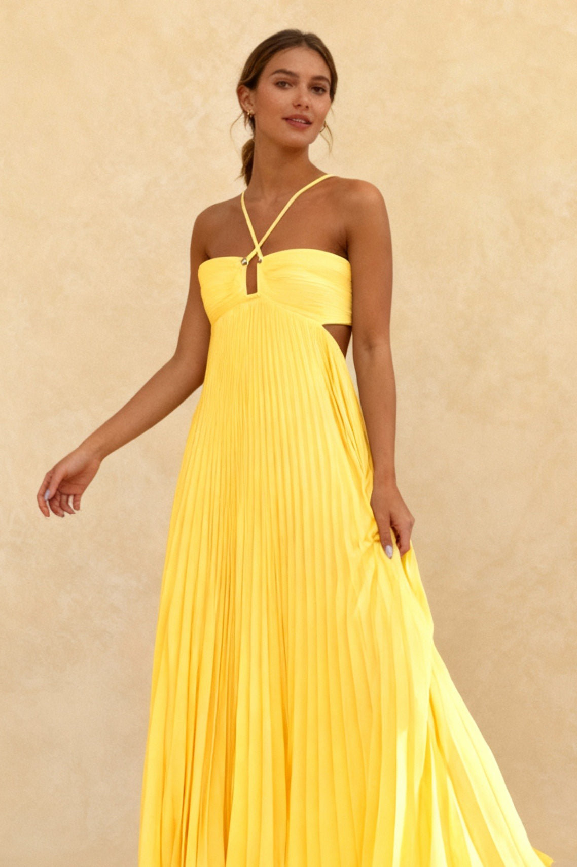 Pleated Blue Halter Maxi Dress