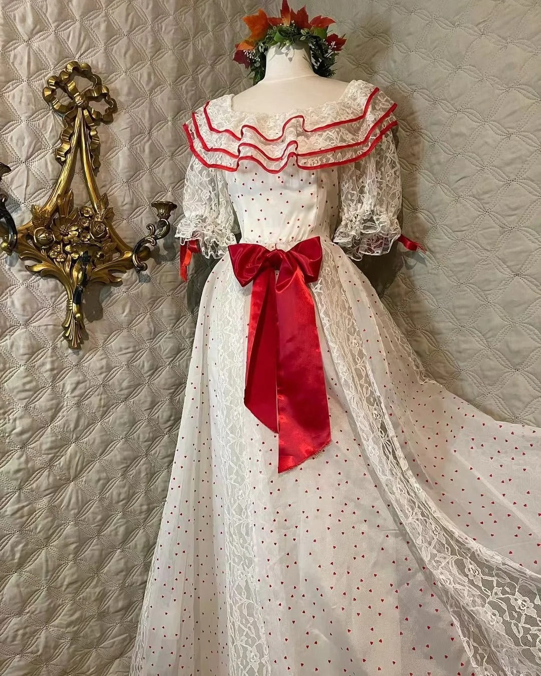 Retro White And Red Color-Blocked Ruffled Collar Polka Dot Bow Lace A-line Long Prom Dress Evening Dress P4281