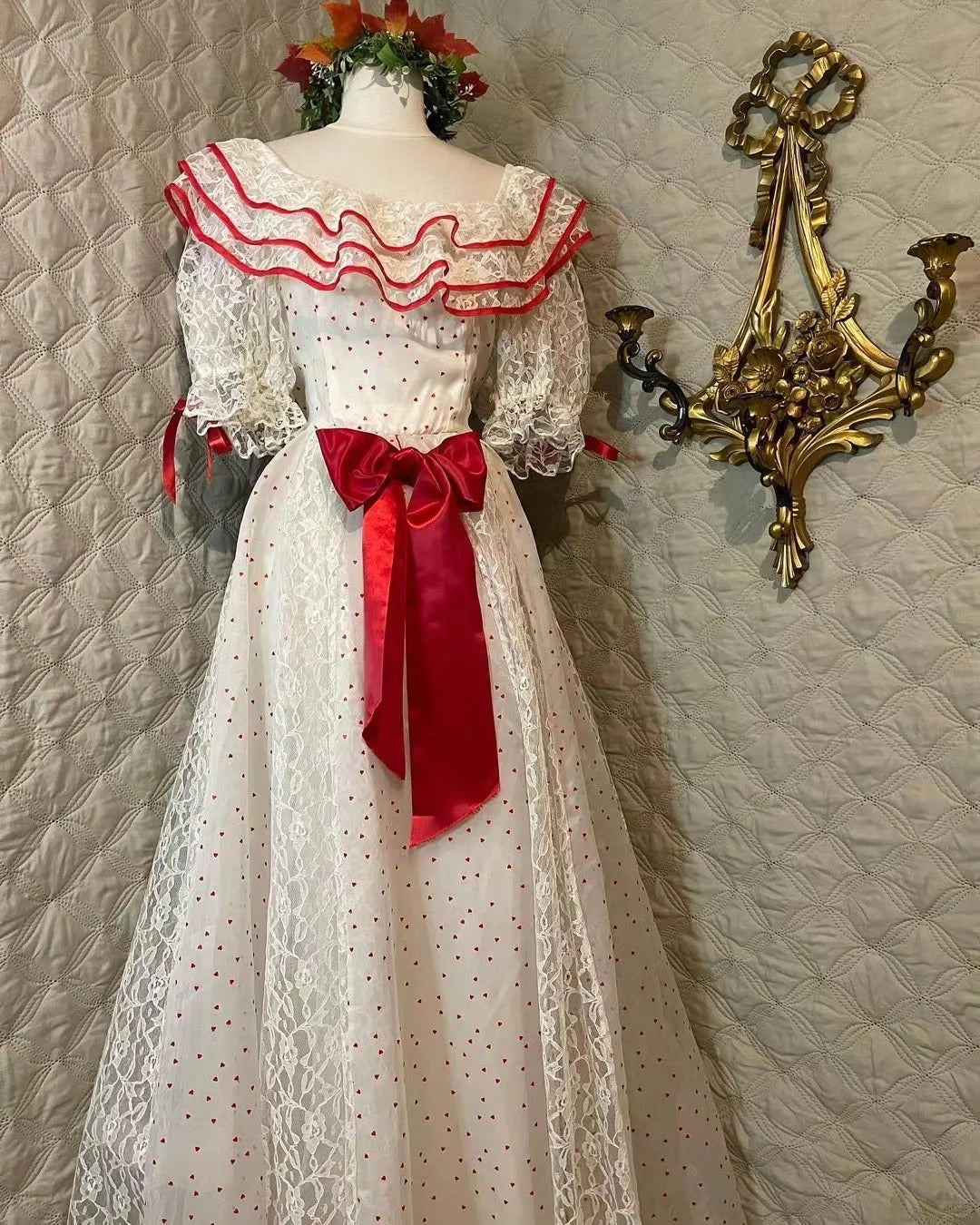 Retro White And Red Color-Blocked Ruffled Collar Polka Dot Bow Lace A-line Long Prom Dress Evening Dress P4281