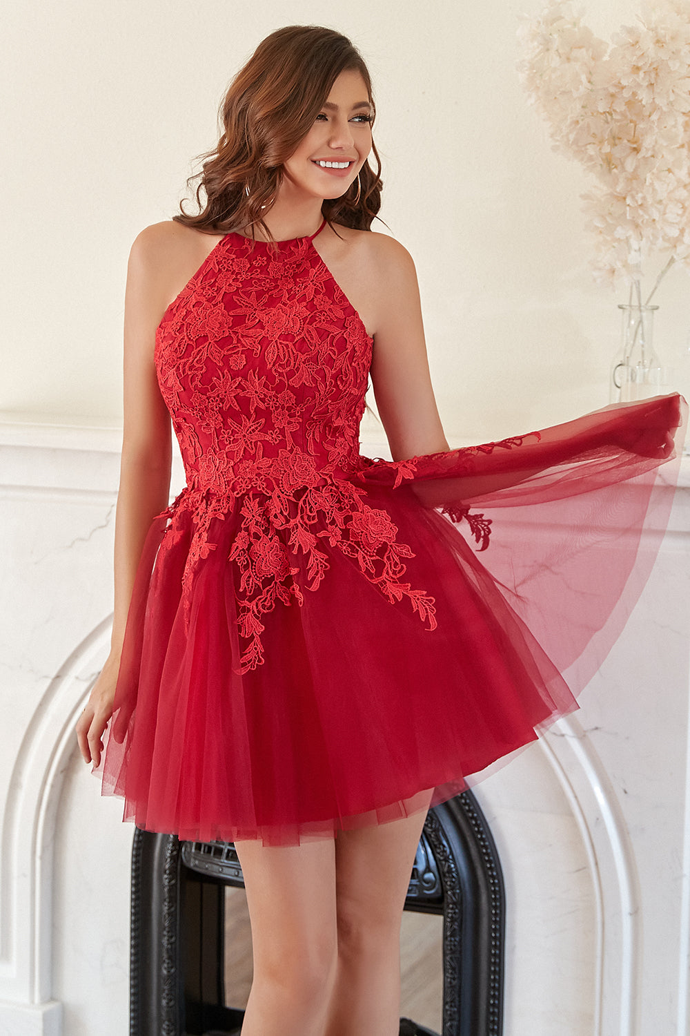 A Line Halter Red Short Homecoming Dress with Appliques - Fashionpara