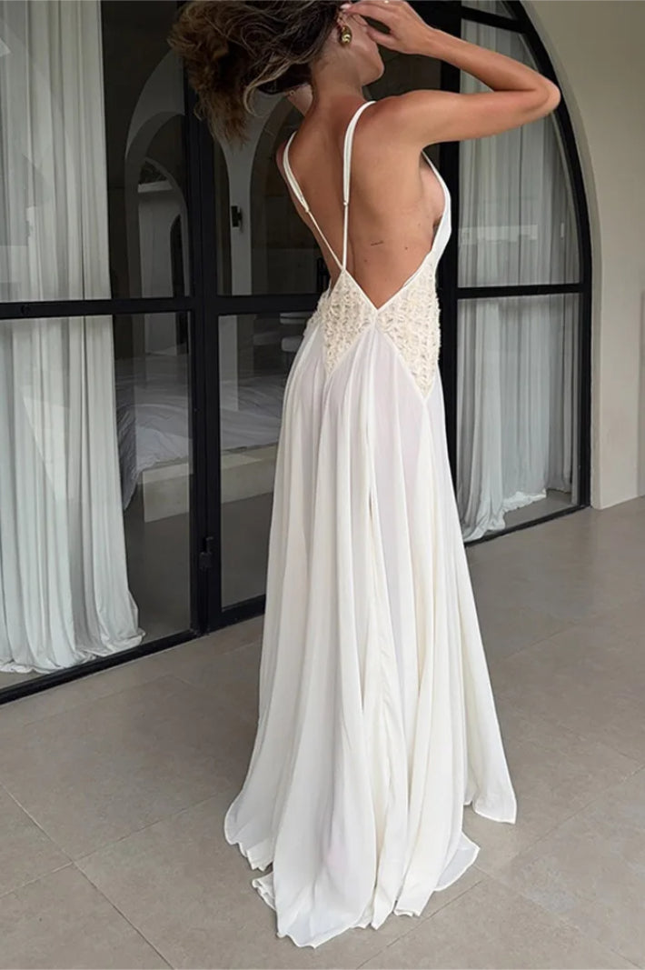 Deep V-Neck Spaghetti Strap Lace A-Line Maxi Gown 13